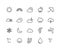 Weather forecast linear icons set. Snow, rain, sleet. Shower or drizzle, thunderstorm. Sunny, cloudy, foggy and windy