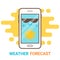 Weather forecast in smartphone. Cartoon happy phone with sun icon and big sunglasses Mobile app, widget, online services