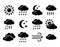 Weather forecast symbol collection. Flat icon set for sunny, rainy, cloudy days. Black & white meteo, climate signs. Isolated