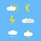 Weather icons isolated on background. Minimalistic clip arts of forecast with crescent, lighting, clouds, sun, rain. Flat simple