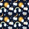Weather icons seamless pattern with sun, clouds, moon, rainbow, rain, snow and lightning.