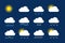 Weather icons. Season climate, precipitation rain and snow. Flat meteo report or forecast clipart elements. Sunny cloudy