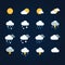 Weather icons sun and clouds in sky, rain with snow, thunder and lightning. Flat vector weather and meteorology for