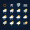 Weather icons sun and clouds in sky, rain with snow, thunder and lightning at hurricane. Flat illustration weather and