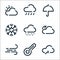 Weather line icons. linear set. quality vector line set such as wind, thermometer, wind, night, snowy, snowflake, umbrella, rainy