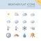 Weather and meteorology group. Sun clouds temperature and pressure. Isolated icon set. Flat vector illustration