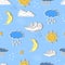 Weather seamless pattern. Cartoon sun, moon, star, clouds.