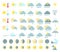 Weather set of colored icons. Rain and thunderstorms, sunny, tor