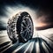 Weather tire running in the snow. Road safety in winter. Generative AI