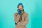 When weather turns chilly. Happy man in winter style blue background. Handsome guy in casual comfy style. Winter fashion