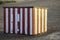 Weather-worn red and white striped beach hut