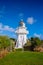 Weatherboard lighthouse at Katiki Point, Otago, New Zealand.