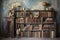 weathered antique bookshelf filled with old books