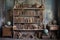 weathered antique bookshelf filled with old books