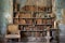 weathered antique bookshelf filled with old books
