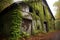 weathered barn with ivy and moss growing on walls