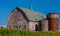 Weathered barn, silos, cornfield