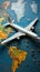 On a weathered blue wooden surface, a map pinpoints the plane\\\'s location
