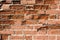 Weathered destruction of ancient brick building wall.