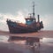 Weathered fishing vessel, beachbound, echoes tales of bygone maritime adventures