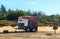 Weathered horse trailer in a field with ostriches