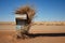 a weathered mailbox with a tumbleweed nearby in a barren desert