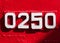 Weathered numbers zero, two, five, 0250, or 0, 2, 5 painted white on a piece of red metal. Abstarct numeral background.