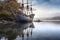 weathered pirate ship anchored in a serene bay