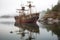 weathered pirate ship anchored in a serene bay