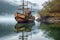 weathered pirate ship anchored in a serene bay