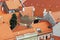 Weathered roof of an old house in picturesque european town with renovated facades and new roof tiles