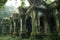 weathered stone structures covered in vines