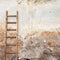 Weathered stucco wall with wooden ladder