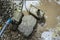 A weathered submersible water pump and filter at the bottom of a drained pond surrounded by stones, moss, and mud, illustrating