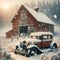 Weathered Vintage Red Barn Rusted Old Car Historic Winter Landscape Scenic Country Agriculture AI Generated Far