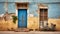 Weathered Vintage Shop. Worn Blue and White Facade, Grimy Windows, Closed Shutters, Abandoned