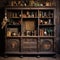 Weathered vintage wooden bookcase filled with antique artifacts