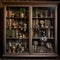 Weathered vintage wooden bookcase filled with antique artifacts