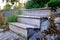 Weathered, wood garden steps on a cottage vacation property, showing several plants in a landscaped pathway. Symbolic of peace,