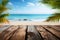 Weathered wood tabletop against a serene, blurred beach backdrop