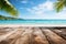 Weathered wood tabletop against a serene, blurred beach backdrop