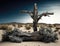 A weathered wooden crucifix firmly planted in a barren desert its bold silhouette evoking a sense of strength and hope