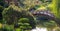 Weathered wooden curved bridge over a pond