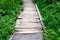 Weathered wooden footbridge over lush marsh area of Paradise area of Mt. Rainier National Park, WA