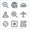 Web apps seo line icons. linear set. quality vector line set such as text, hashtag, tick mark, rating, search, link, cloud, global