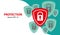 Web background with red padlock and light green shields, digital protection illustration. Vector illustration