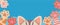 Web banner with cat ears, different cat paws and copy space on blue background