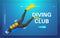Web banner diving club. Diver floating under water.