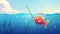 This is a web banner for a fishing cartoon landing page. A cute fish looking on a hook underwater in the sea, catching