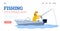 Web banner for fishing leisure activity advertising cartoon vector illustration.
